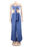 Blue Fashion Sexy crop top Slim fit Two Piece Suits Beading asymmetrical Solid bow-knot Straigh