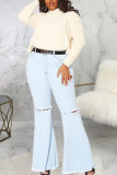 Baby Blue Sexy Denim Solid Ripped Plus Size 