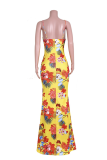 Yellow Sexy Solid Patchwork Spaghetti Strap Trumpet Mermaid Dresses