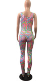 Blue Pink Sexy Print Patchwork Spaghetti Strap Regular Jumpsuits