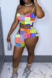 Yellow Sexy Print Patchwork Spaghetti Strap Sleeveless Two Pieces