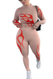 White Fashion Casual Adult Print Patchwork O Neck Long Sleeve Cap Sleeve Short Two Pieces