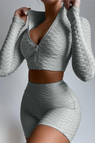 Grey Casual Sportswear Solid Basic Zipper Collar Long Sleeve Two Pieces