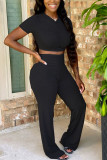 Black Fashion Sexy adult Ma'am Solid Two Piece Suits Loose Short Sleeve Two Pieces