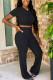 Black Fashion Sexy adult Ma'am Solid Two Piece Suits Loose Short Sleeve Two Pieces