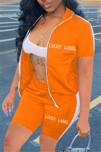 Orange Casual Sportswear Letter Embroidered Patchwork Zipper Collar Short Sleeve Two Pieces