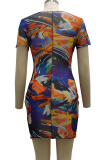 Multicolor Sexy Print Mesh O Neck Pencil Skirt Dresses