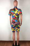 Red Casual Print Zippered Patchwork Short Sleeve Two Pieces
