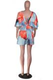 Pink Fashion Sexy Print Button Short Sleeve Rompers