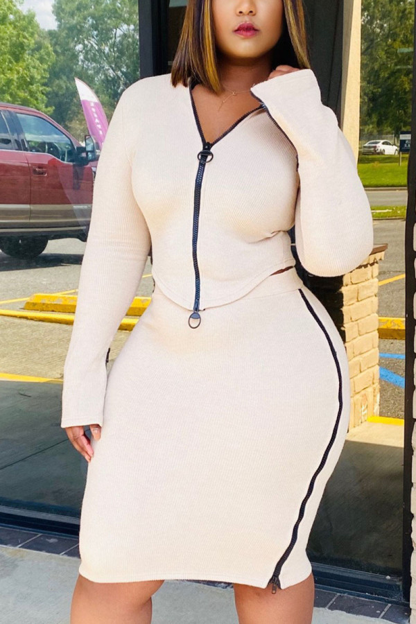 Apricot Casual Solid O Neck Long Sleeve Two Pieces