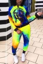 Blue Yellow Casual Print Tie Dye Patchwork O Neck Long Sleeve Two Pieces