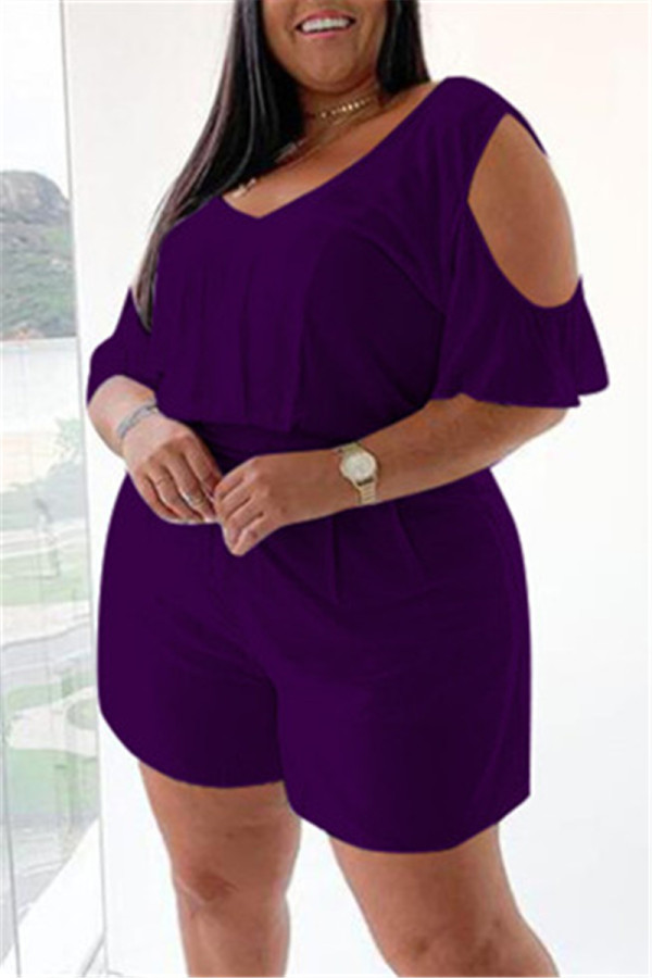 Purple Fashion Casual Solid Basic V Neck Plus Size Romper