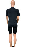 Black Casual Print Straight Short Sleeve Two Pieces