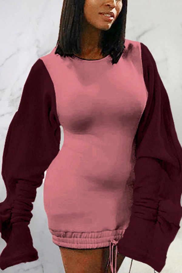 Wine Red Sexy Solid Patchwork O Neck Pencil Skirt Dresses