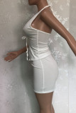 Rose Red Sexy Solid Bandage Backless Asymmetrical Halter Two Pieces