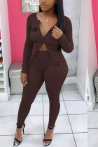 Coffee Casual Knitting Letter Patchwork Solid Embroidered Patchwork Cardigan Pants Basic Zipper Collar Long Sleeve Regular Sleeve Regular Two Pieces