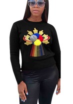 Black Fashion Casual Regular O-Neck Full Patchwork Slim Tees & T-shirts
