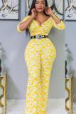 Yellow Casual Fashion Geometric Asymmetrical bandage Half Sleeve V Neck Jumpsuits