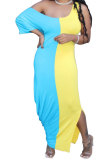 Pink Fashion Casual adult White Pink Yellow Light Blue purple Off The Shoulder Short Sleeves one shoulder collar Asymmetrical Ankle-Length Print Patchwork Colouring Draped split asymmetrical Dresses
