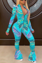 Lake Green Fashion Casual Print zipper Long Sleeve O Neck Jumpsuits