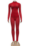 Red British Style Solid Hollowed Out See-through O Neck Long Sleeve Two Pieces