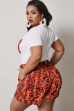 Orange Fashion Casual adult Ma'am O Neck Patchwork Print Two Piece Suits Stitching Plus Size