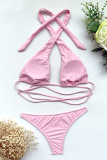 Pink Fashion Sexy Solid Backless Strap Design Swimwears
