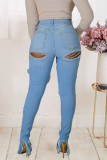 Baby Blue Street Solid Ripped Mid Waist Regular Denim