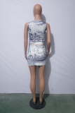 White Sexy Print Patchwork O Neck Sleeveless Two Pieces