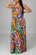 Multicolor Sexy Print Backless Halter Cake Skirt Dresses