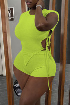 Fluorescent Green Casual Solid Frenulum Asymmetrical O Neck Short Sleeve Two Pieces