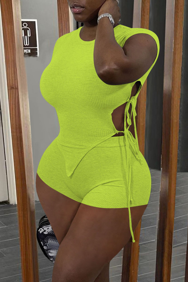 Fluorescent Green Casual Solid Frenulum Asymmetrical O Neck Short Sleeve Two Pieces
