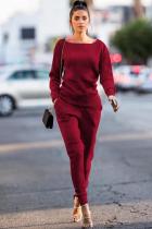 Wine Red Casual Fashion Slim fit Solid Two Piece Suits Patchwork pencil Long Sleeve