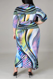 Multicolor Fashion Casual Plus Size Print Basic V Neck Dress
