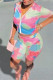 Pink Fashion Casual Tie Dye Printing Zipper Collar Short Sleeve Two Pieces