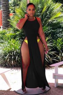 Black Sexy Fashion Cap Sleeve Sleeveless Boat Neck Asymmetrical Ankle-Length Solid split asymmet
