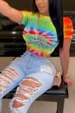 Camouflage Multi-color Camouflage O Neck Short Sleeve Patchwork Print Slim fit backless Camouflage Tie Dye Bandage crop top Tops