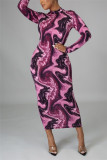 Red Fashion Casual Print Basic Half A Turtleneck Pencil Dresses
