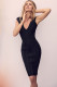 Black Sexy Cap Sleeve Short Sleeves V Neck Step Skirt Knee-Length Solid