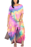 Orange Milk. Fashion adult Ma'am Street Cap Sleeve Short Sleeves O neck Princess Dress Floor-Length Print Tie and dye asymmetrical Dresses