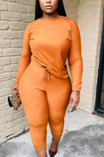 Orange Twilled Satin Solid O Neck Long Sleeve Regular Sleeve Regular Two Pieces