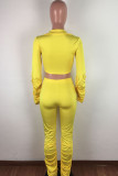 Yellow OL Solid Draped crop top Boot Cut Long Sleeve Two Pieces
