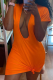 Tangerine Red Sexy Solid Patchwork V Neck Pencil Skirt Dresses