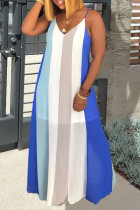 Blue Spaghetti Strap Sleeveless Slip Straight Floor-Length Striped Print Dresses