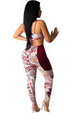 Wine Red Fashion Sexy adult Ma'am Patchwork Print Two Piece Suits pencil Sleeveless Two Pieces