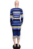 blue stripe England Striped Print pencil Long Sleeve Two Pieces