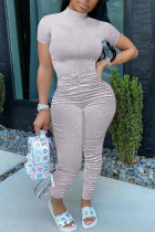 Grey Fashion Casual Solid Draped Short Sleeve O Neck Jumpsuits