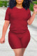 Burgundy Casual Solid Patchwork O Neck Short Sleeve Two Pieces