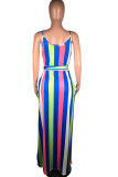 Blue Fashion Street White Blue Orange Yellow Light Blue Dark Blue Spaghetti Strap Sleeveless Slip Swagger Floor-Length Striped Print Dresses
