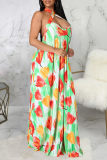 Green Sexy Print Patchwork Spaghetti Strap Printed Dress Dresses